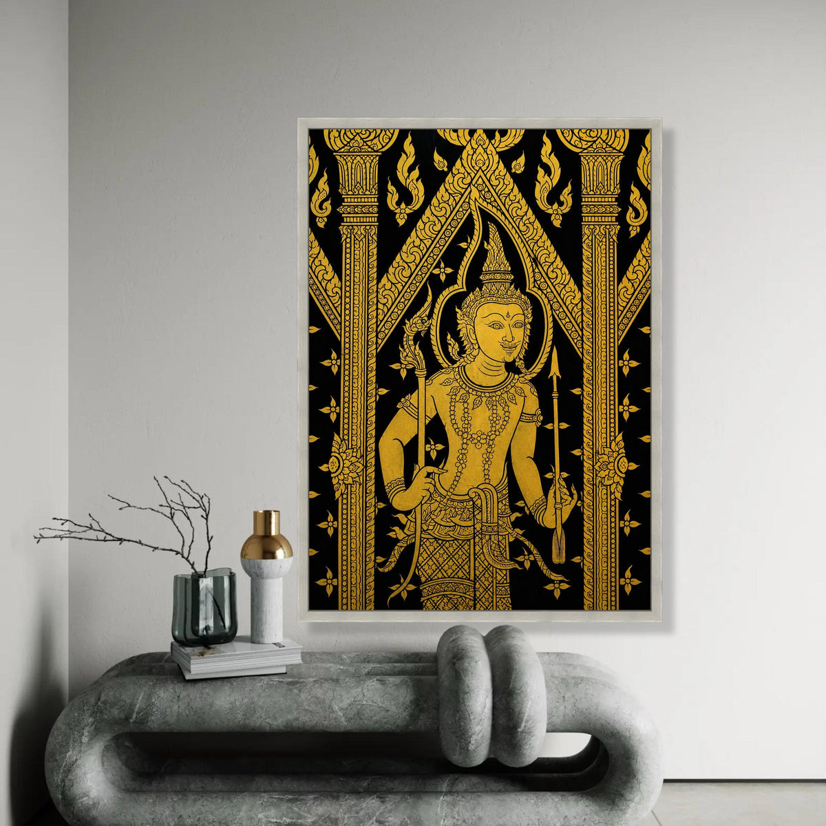 Traditional Thai Art Canvas, Gold Mythical Figure Wall Art, Asian Cultural Decoration, Intricate Black and Gold Ready To Hang Decoration