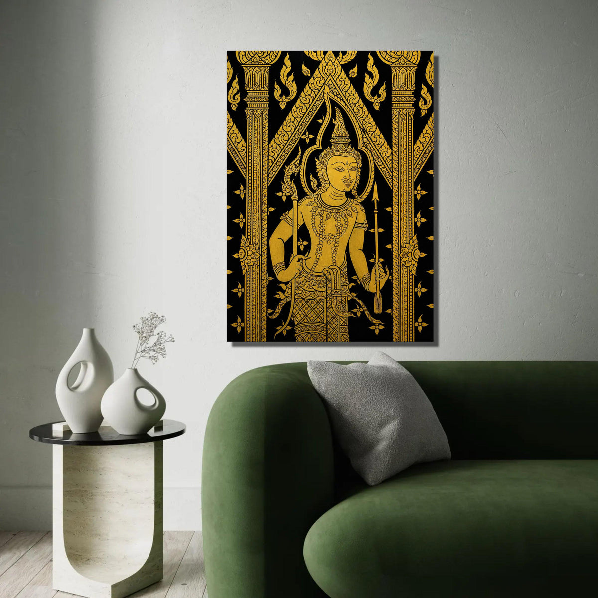 Traditional Thai Art Canvas, Gold Mythical Figure Wall Art, Asian Cultural Decoration, Intricate Black and Gold Ready To Hang Decoration