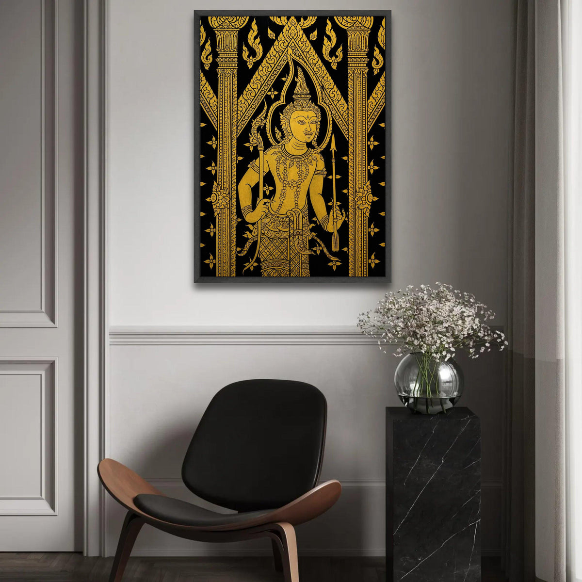Traditional Thai Art Canvas, Gold Mythical Figure Wall Art, Asian Cultural Decoration, Intricate Black and Gold Ready To Hang Decoration