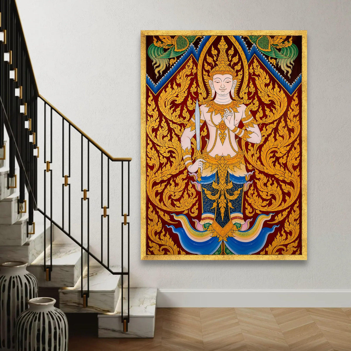 Traditional Thai Angel Canvas, Divine Guardian Wall Art, Gold Ornate Detail, Buddhist Spiritual Painting, Asian Ready To Hang Decoration