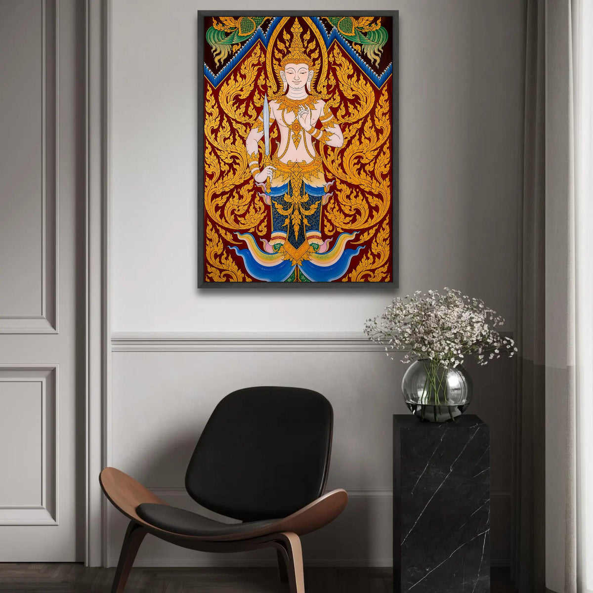 Traditional Thai Angel Canvas, Divine Guardian Wall Art, Gold Ornate Detail, Buddhist Spiritual Painting, Asian Ready To Hang Decoration