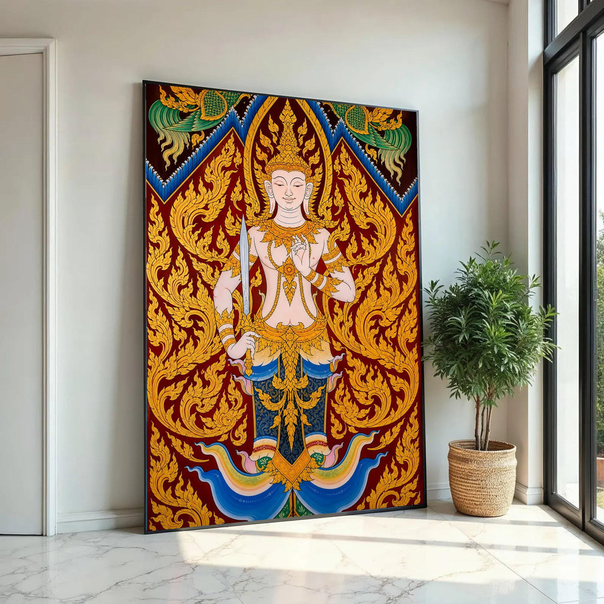 Traditional Thai Angel Canvas, Divine Guardian Wall Art, Gold Ornate Detail, Buddhist Spiritual Painting, Asian Ready To Hang Decoration