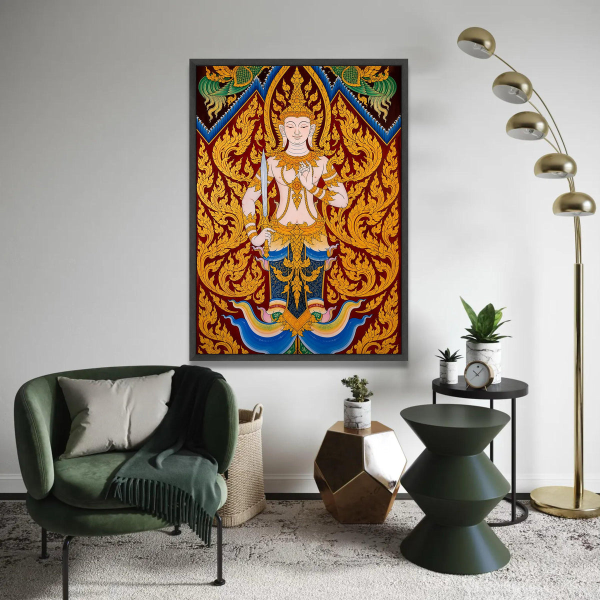 Traditional Thai Angel Canvas, Divine Guardian Wall Art, Gold Ornate Detail, Buddhist Spiritual Painting, Asian Ready To Hang Decoration