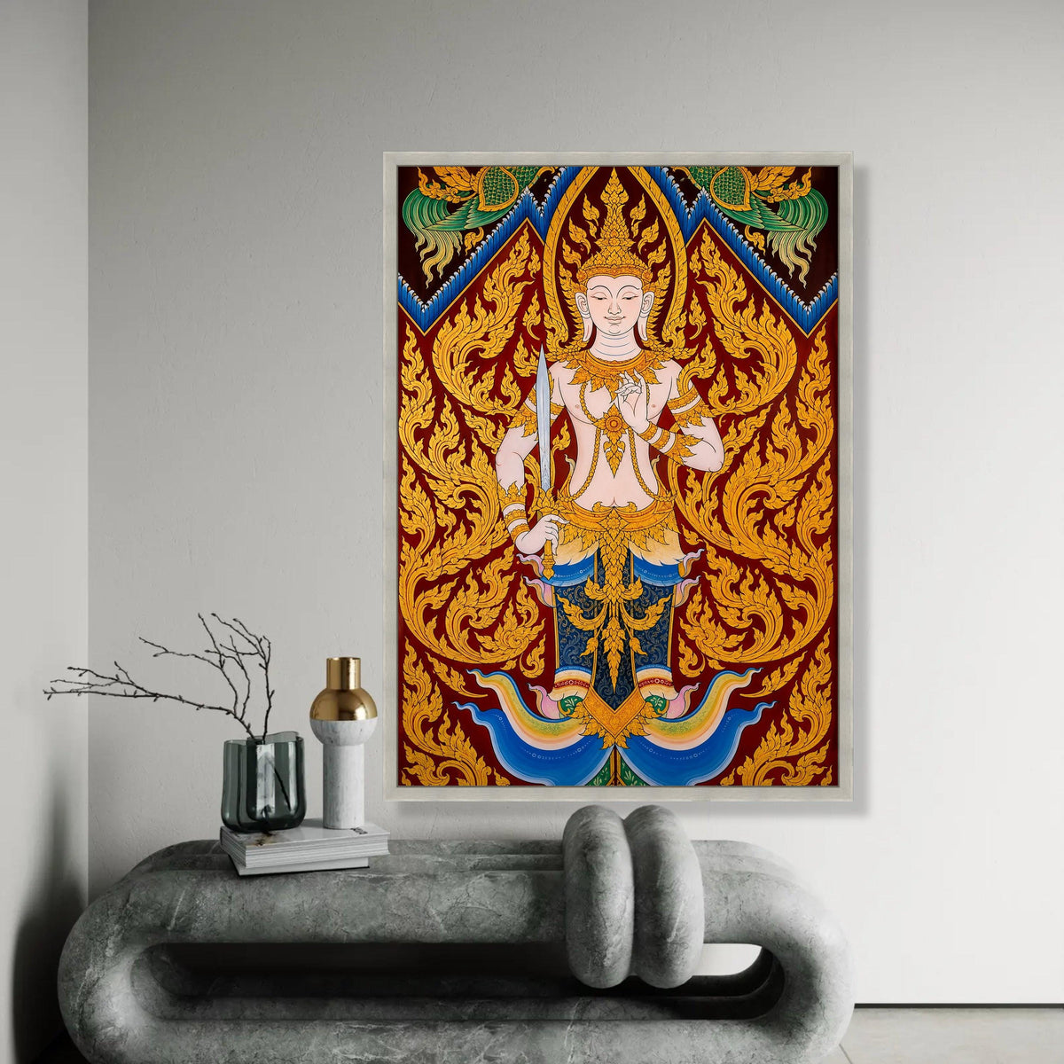 Traditional Thai Angel Canvas, Divine Guardian Wall Art, Gold Ornate Detail, Buddhist Spiritual Painting, Asian Ready To Hang Decoration