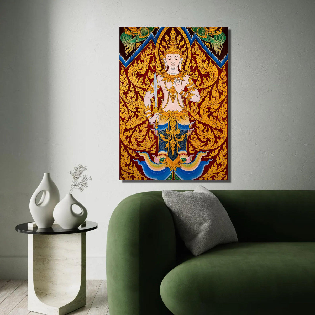 Traditional Thai Angel Canvas, Divine Guardian Wall Art, Gold Ornate Detail, Buddhist Spiritual Painting, Asian Ready To Hang Decoration
