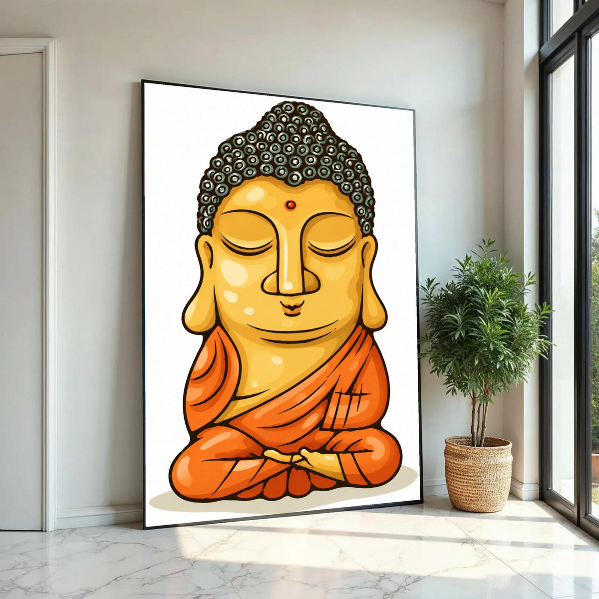 Meditating Buddha Illustration Canvas, Zen Wall Art, Spiritual Home Decor, Calm Buddha Portrait, Orange Robe Ready To Hang Decoration
