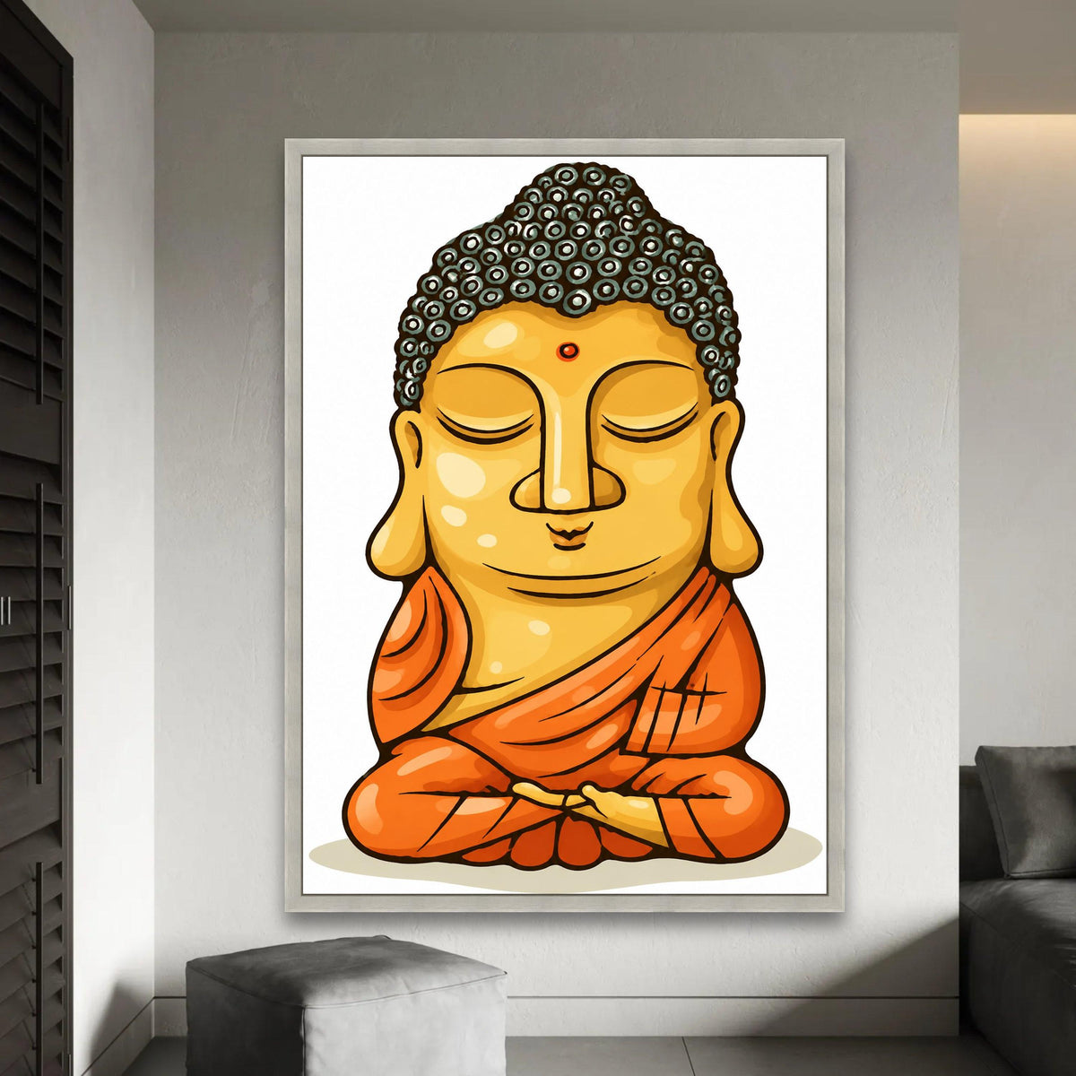 Meditating Buddha Illustration Canvas, Zen Wall Art, Spiritual Home Decor, Calm Buddha Portrait, Orange Robe Ready To Hang Decoration