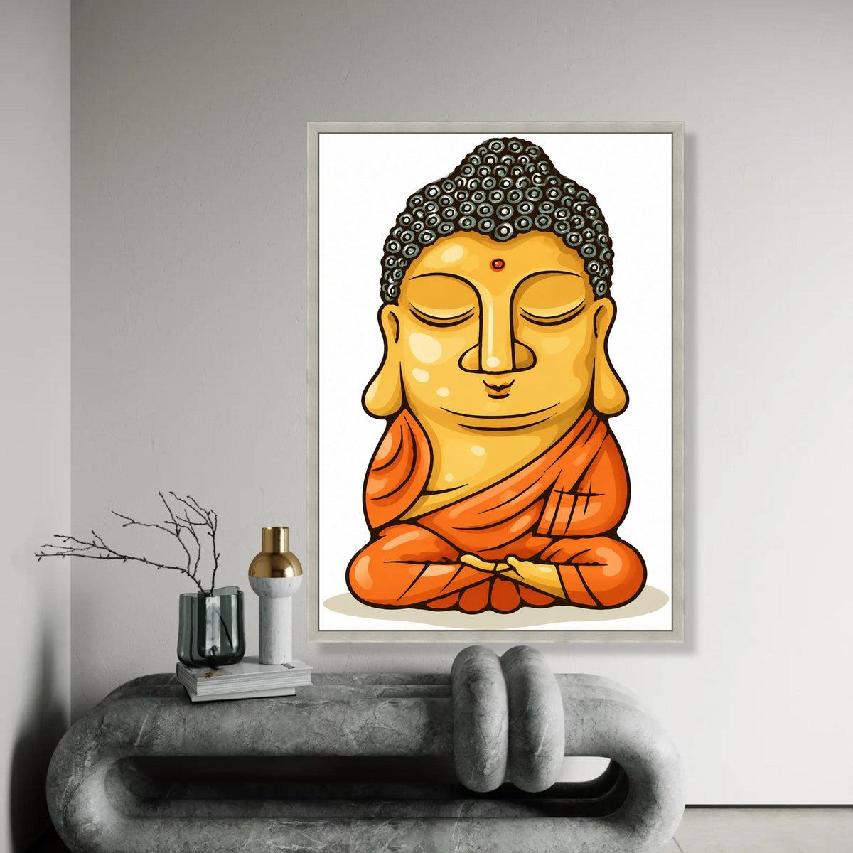 Meditating Buddha Illustration Canvas, Zen Wall Art, Spiritual Home Decor, Calm Buddha Portrait, Orange Robe Ready To Hang Decoration