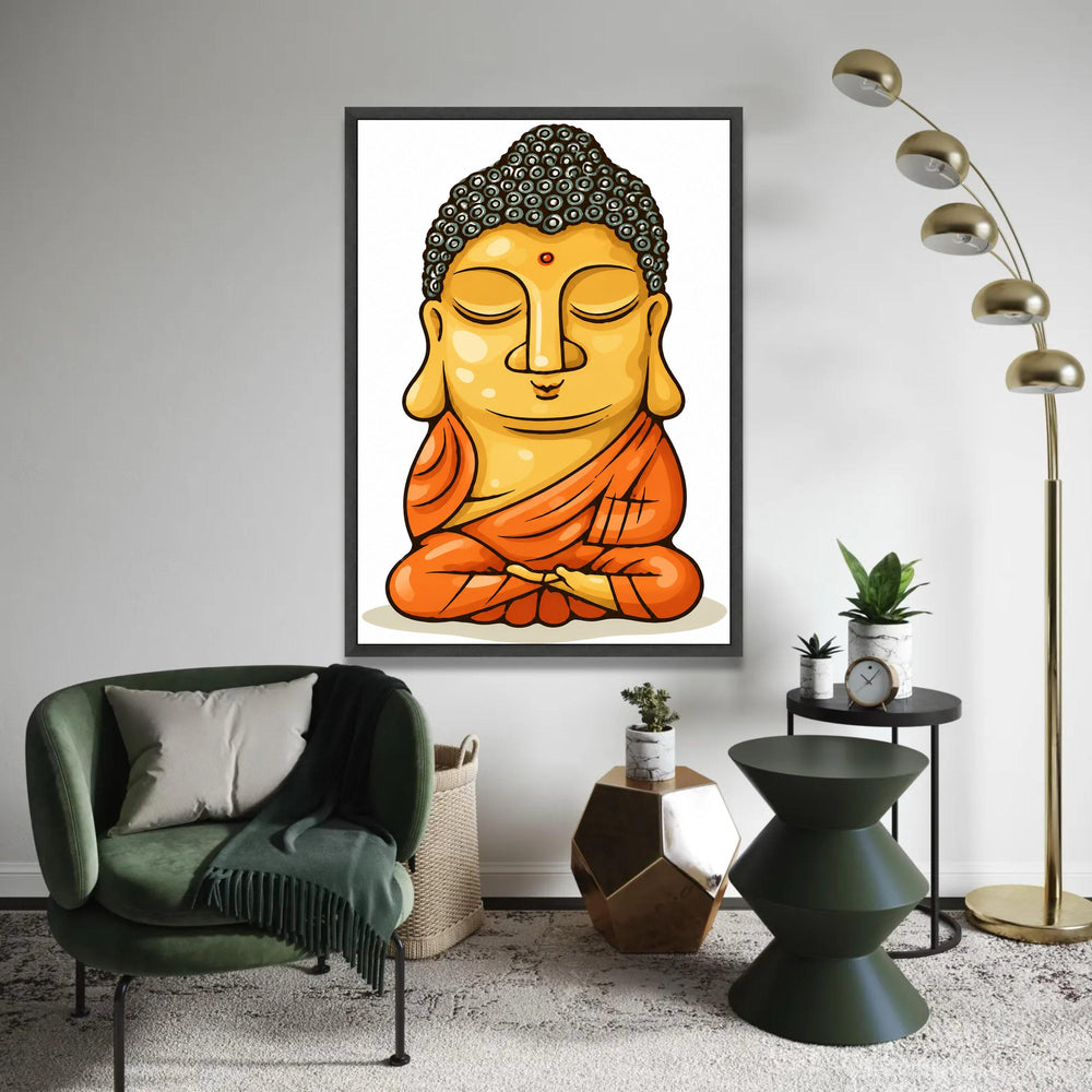 Meditating Buddha Illustration Canvas, Zen Wall Art, Spiritual Home Decor, Calm Buddha Portrait, Orange Robe Ready To Hang Decoration