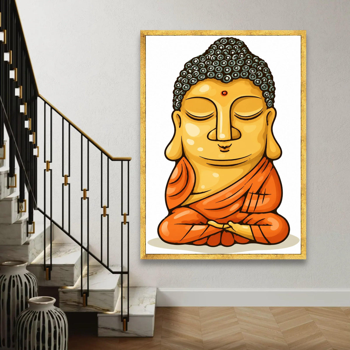 Meditating Buddha Illustration Canvas, Zen Wall Art, Spiritual Home Decor, Calm Buddha Portrait, Orange Robe Ready To Hang Decoration