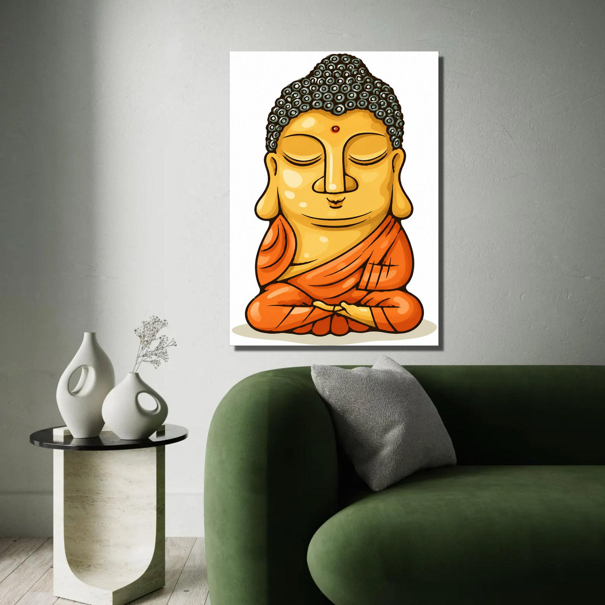 Meditating Buddha Illustration Canvas, Zen Wall Art, Spiritual Home Decor, Calm Buddha Portrait, Orange Robe Ready To Hang Decoration