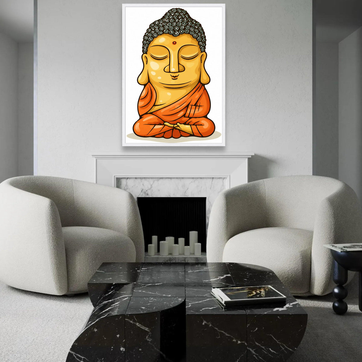 Meditating Buddha Illustration Canvas, Zen Wall Art, Spiritual Home Decor, Calm Buddha Portrait, Orange Robe Ready To Hang Decoration