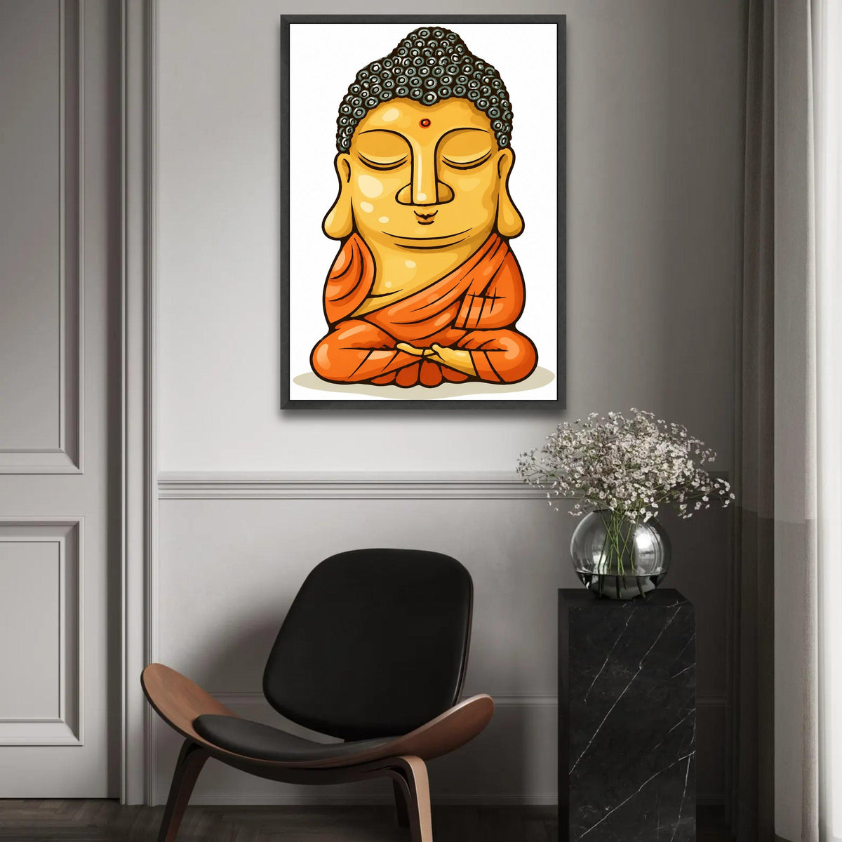Meditating Buddha Illustration Canvas, Zen Wall Art, Spiritual Home Decor, Calm Buddha Portrait, Orange Robe Ready To Hang Decoration