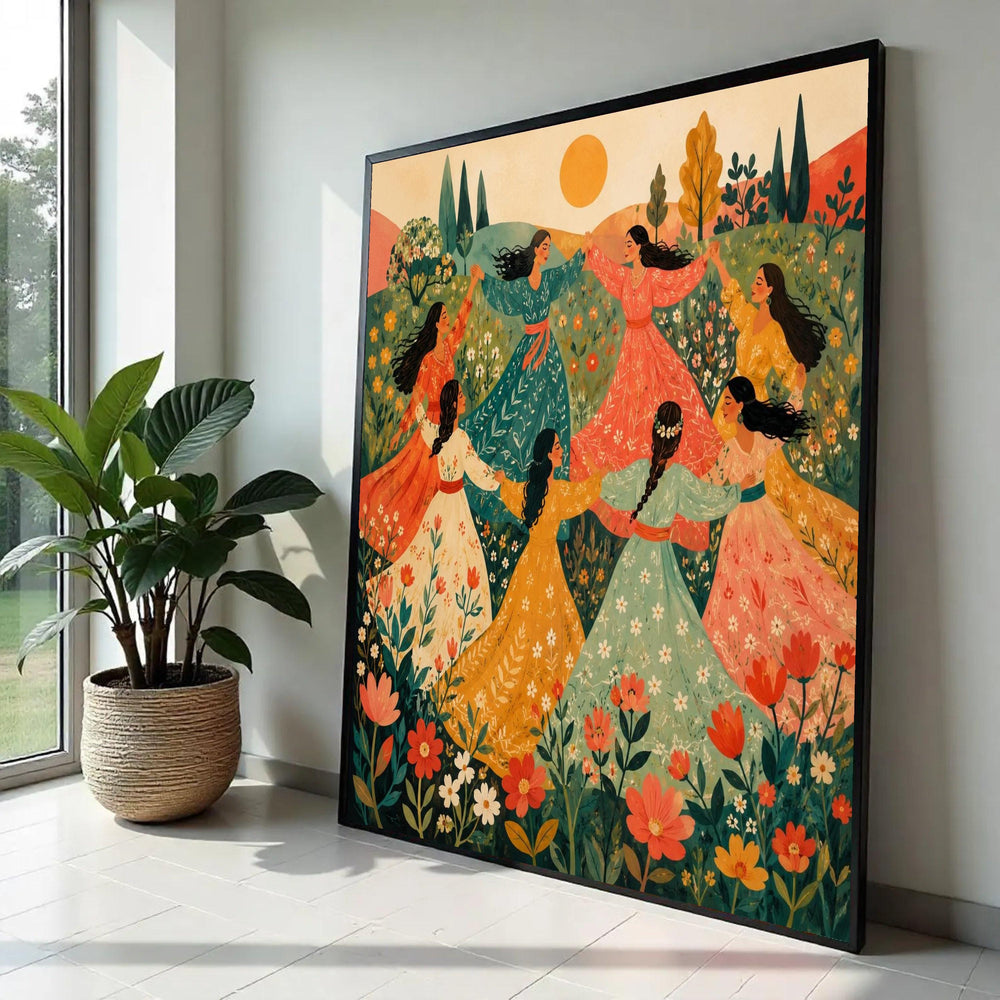 Women Dancing Meadow Canvas, Bohemian Floral Wall Art, Springtime Celebration Canvas, Vibrant Nature Scene, Ready To Hang Decoration