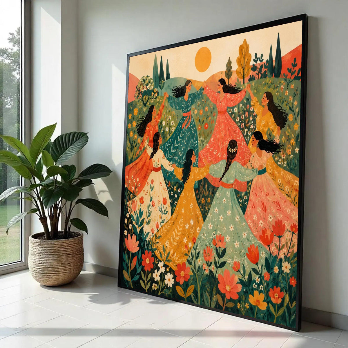 Women Dancing Meadow Canvas, Bohemian Floral Wall Art, Springtime Celebration Canvas, Vibrant Nature Scene, Ready To Hang Decoration