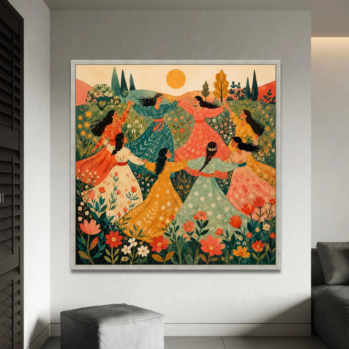 Women Dancing Meadow Canvas, Bohemian Floral Wall Art, Springtime Celebration Canvas, Vibrant Nature Scene, Ready To Hang Decoration