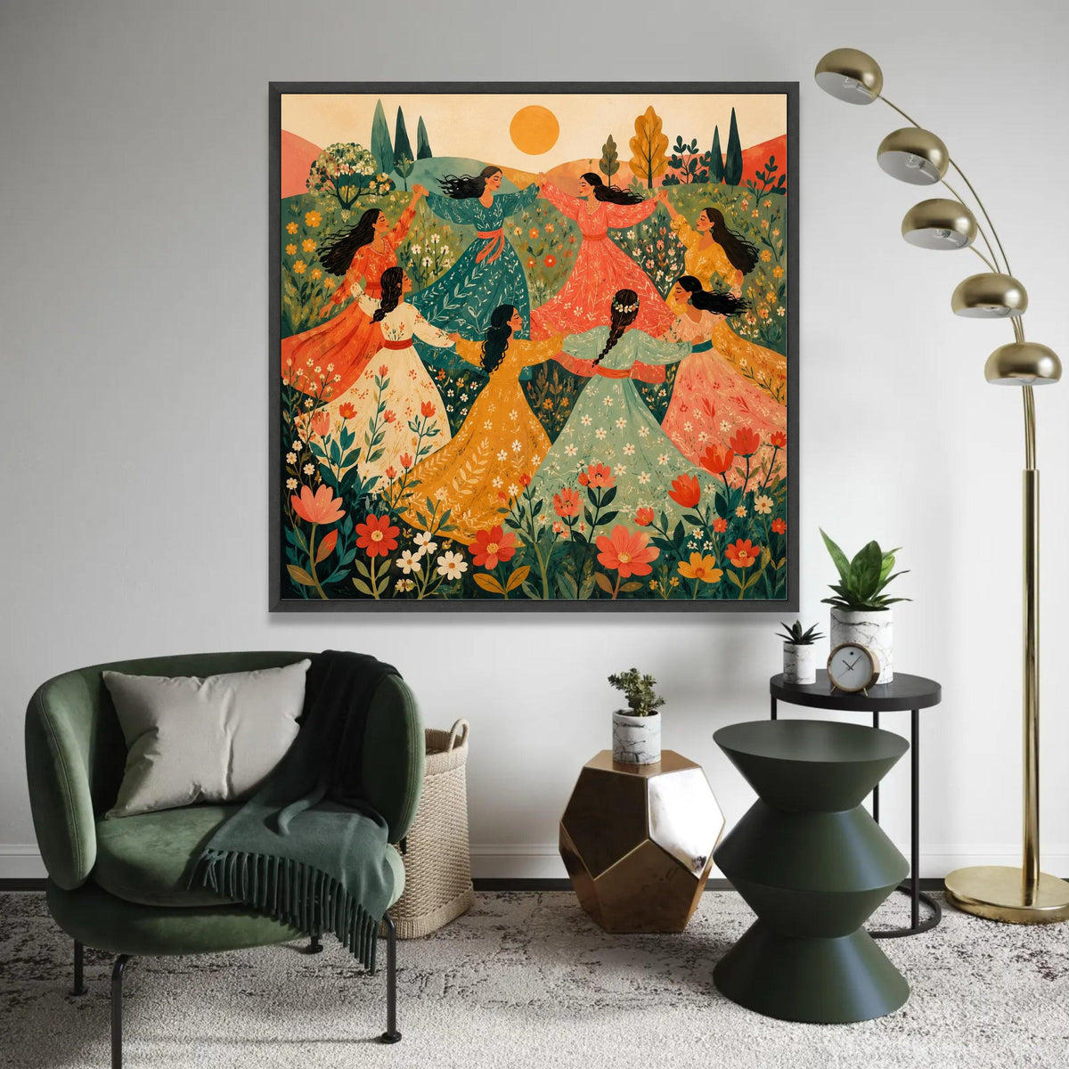 Women Dancing Meadow Canvas, Bohemian Floral Wall Art, Springtime Celebration Canvas, Vibrant Nature Scene, Ready To Hang Decoration