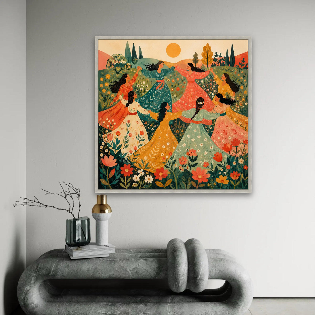 Women Dancing Meadow Canvas, Bohemian Floral Wall Art, Springtime Celebration Canvas, Vibrant Nature Scene, Ready To Hang Decoration