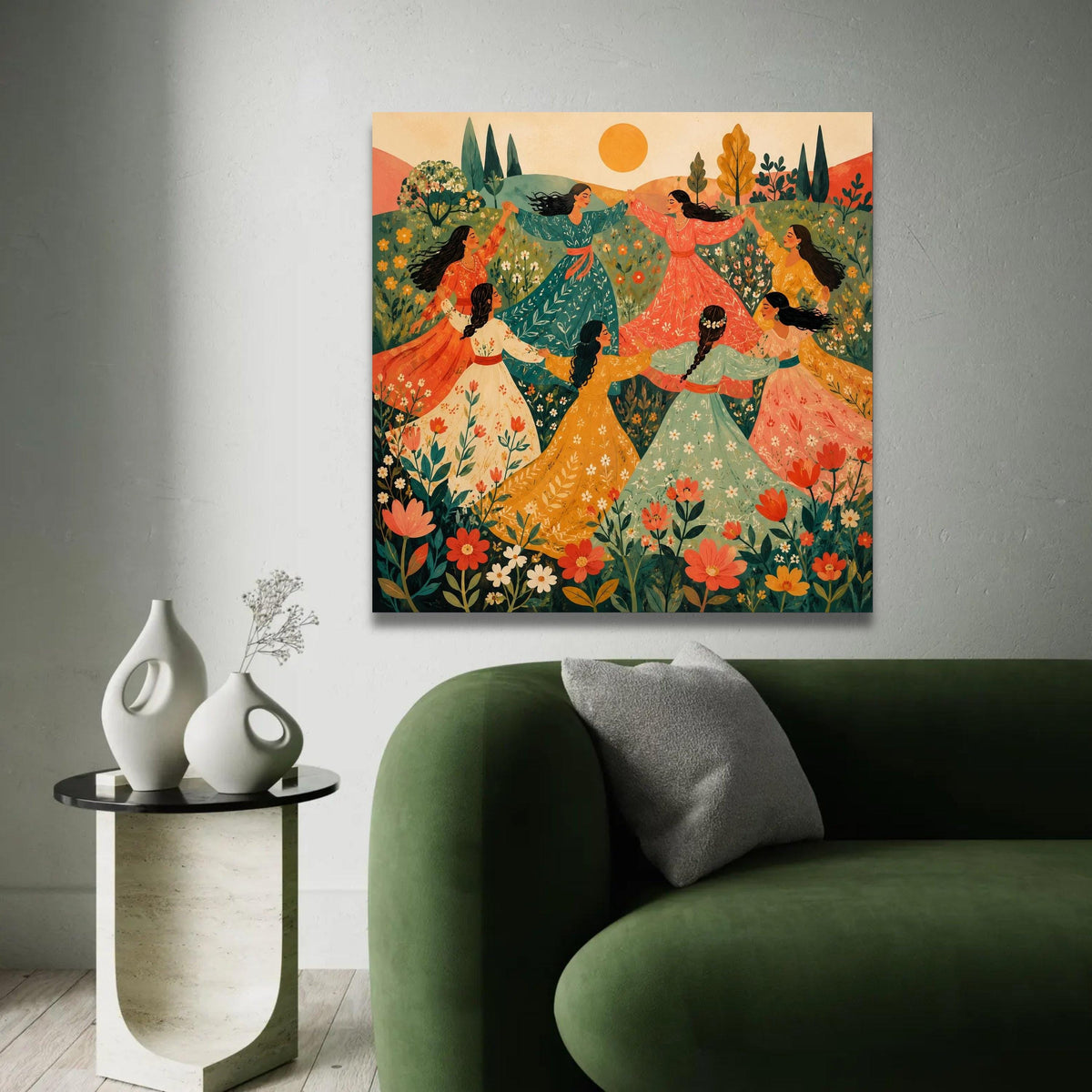 Women Dancing Meadow Canvas, Bohemian Floral Wall Art, Springtime Celebration Canvas, Vibrant Nature Scene, Ready To Hang Decoration
