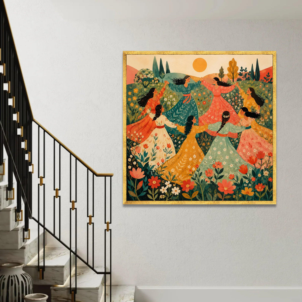 Women Dancing Meadow Canvas, Bohemian Floral Wall Art, Springtime Celebration Canvas, Vibrant Nature Scene, Ready To Hang Decoration