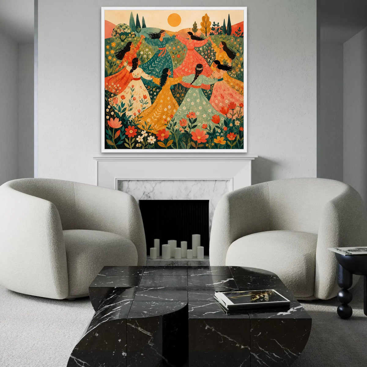 Women Dancing Meadow Canvas, Bohemian Floral Wall Art, Springtime Celebration Canvas, Vibrant Nature Scene, Ready To Hang Decoration