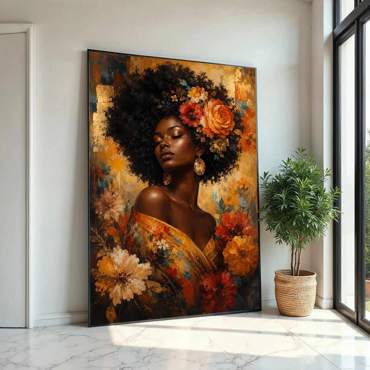 Elegant Woman with Floral Crown Canvas, Afro Beauty Wall Art, Golden Floral Portrait, Bohemian Home Décor, Vibrant Ready To Hang Decoration