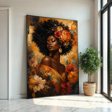 Elegant Woman with Floral Crown Canvas, Afro Beauty Wall Art, Golden Floral Portrait, Bohemian Home Décor, Vibrant Ready To Hang Decoration