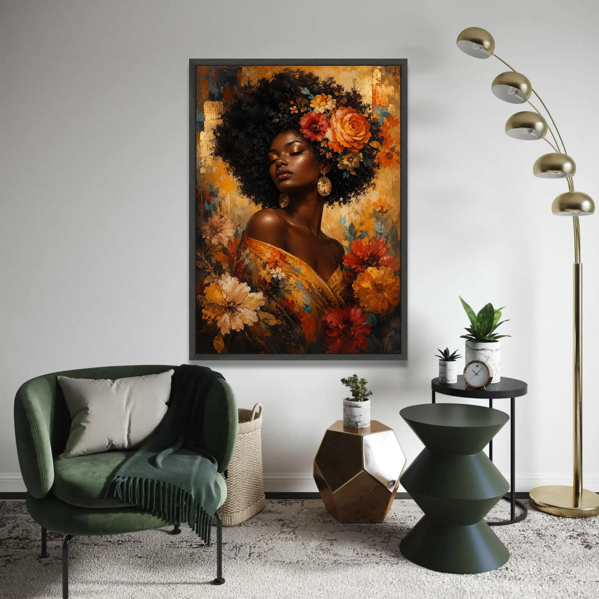 Elegant Woman with Floral Crown Canvas, Afro Beauty Wall Art, Golden Floral Portrait, Bohemian Home Décor, Vibrant Ready To Hang Decoration