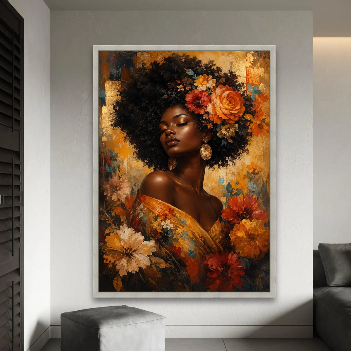 Elegant Woman with Floral Crown Canvas, Afro Beauty Wall Art, Golden Floral Portrait, Bohemian Home Décor, Vibrant Ready To Hang Decoration