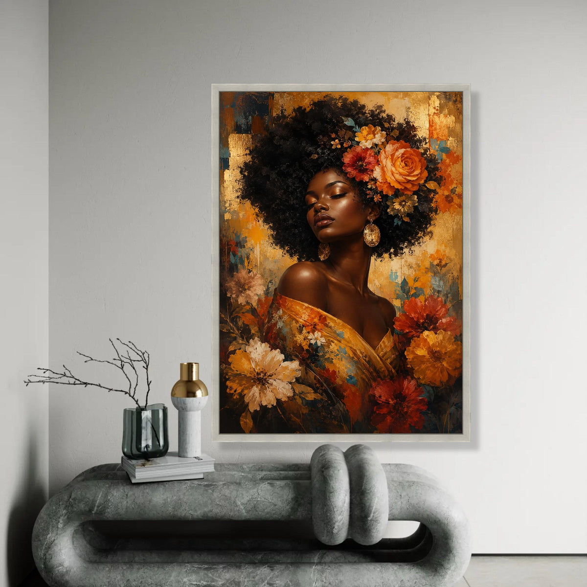 Elegant Woman with Floral Crown Canvas, Afro Beauty Wall Art, Golden Floral Portrait, Bohemian Home Décor, Vibrant Ready To Hang Decoration
