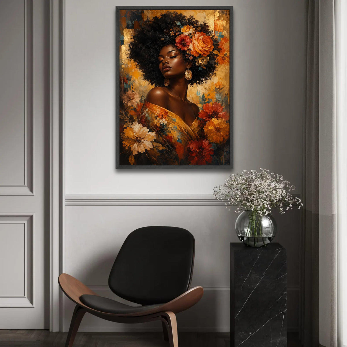 Elegant Woman with Floral Crown Canvas, Afro Beauty Wall Art, Golden Floral Portrait, Bohemian Home Décor, Vibrant Ready To Hang Decoration