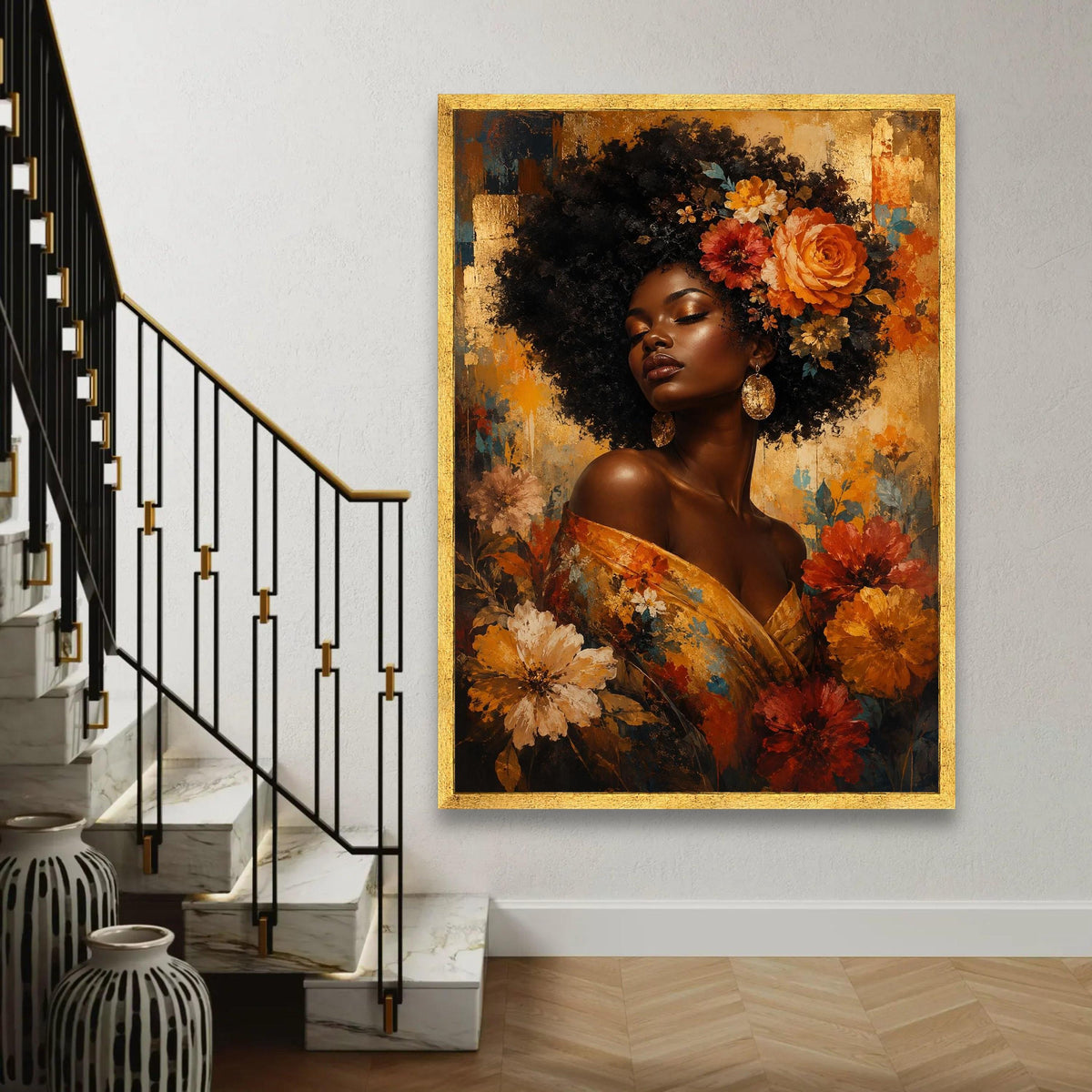 Elegant Woman with Floral Crown Canvas, Afro Beauty Wall Art, Golden Floral Portrait, Bohemian Home Décor, Vibrant Ready To Hang Decoration