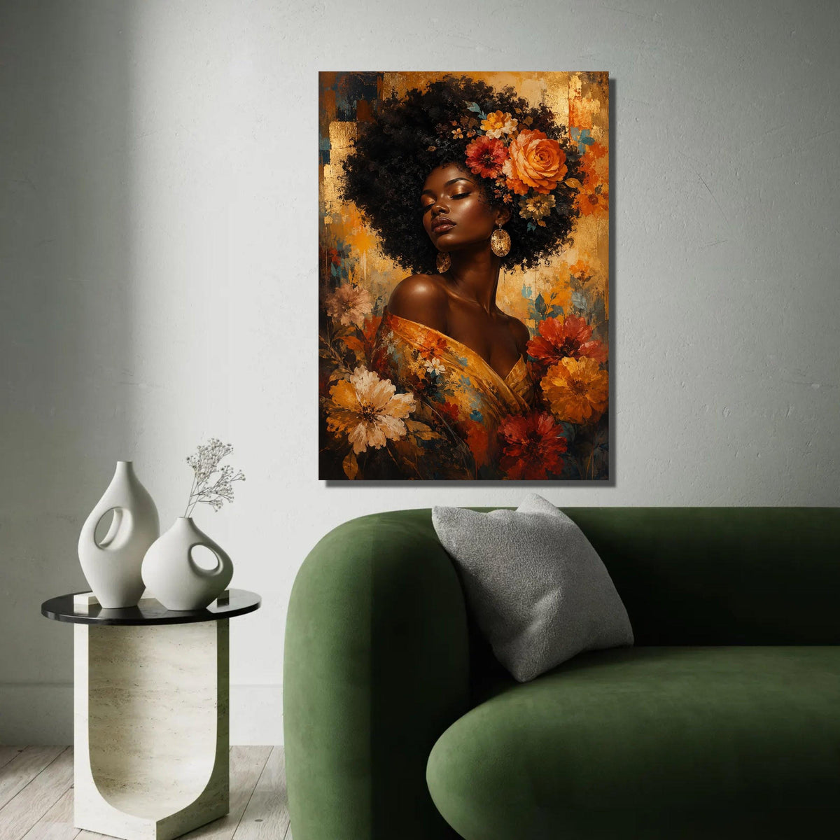 Elegant Woman with Floral Crown Canvas, Afro Beauty Wall Art, Golden Floral Portrait, Bohemian Home Décor, Vibrant Ready To Hang Decoration