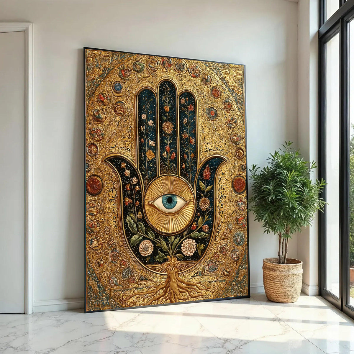 Intricate Hamsa Hand Canvas, Blue Eye Wall Art, Floral Botanical Design, Gold Decorative Canvas, Spiritual Home Ready To Hang Decoration