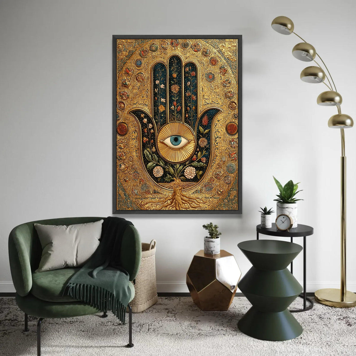 Intricate Hamsa Hand Canvas, Blue Eye Wall Art, Floral Botanical Design, Gold Decorative Canvas, Spiritual Home Ready To Hang Decoration