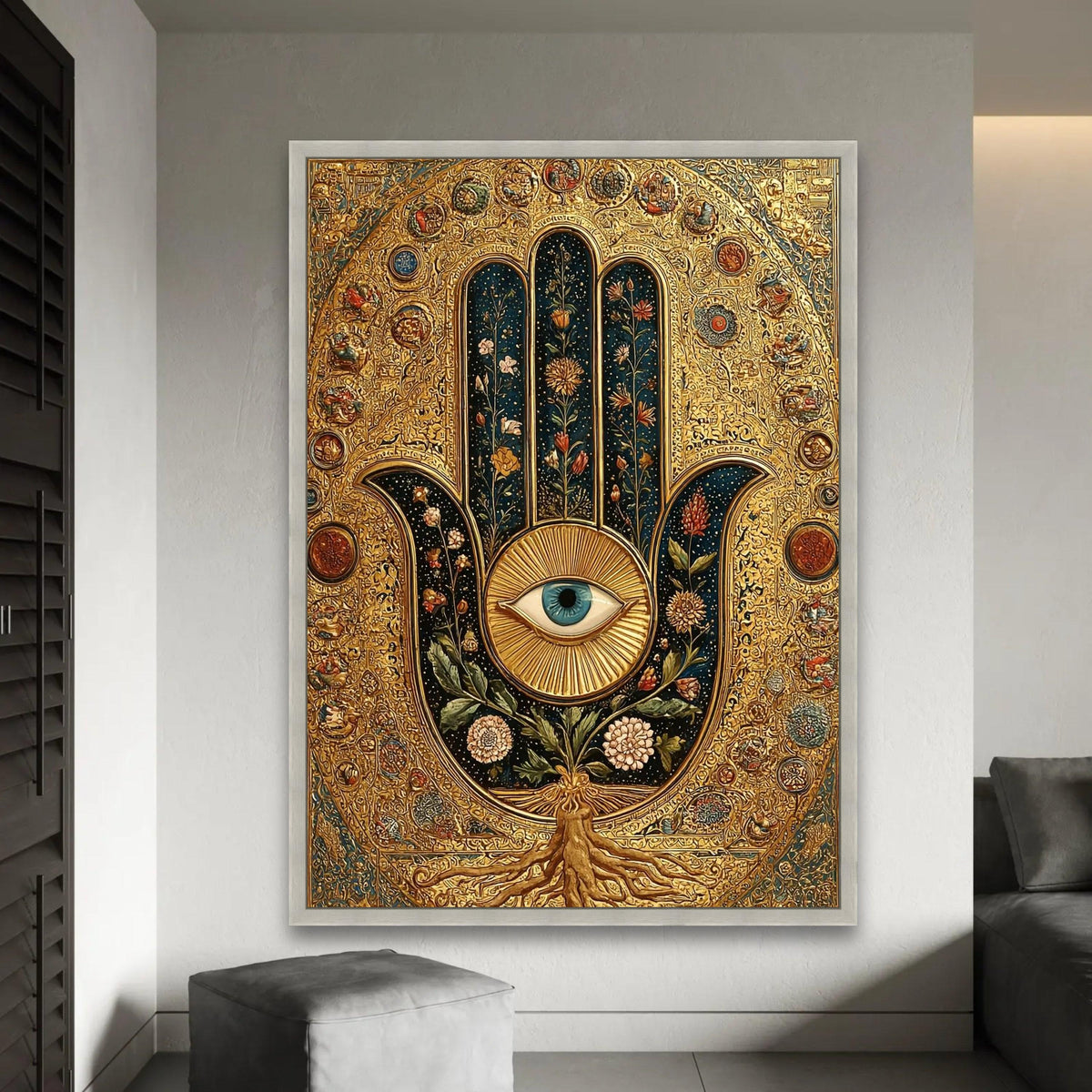 Intricate Hamsa Hand Canvas, Blue Eye Wall Art, Floral Botanical Design, Gold Decorative Canvas, Spiritual Home Ready To Hang Decoration