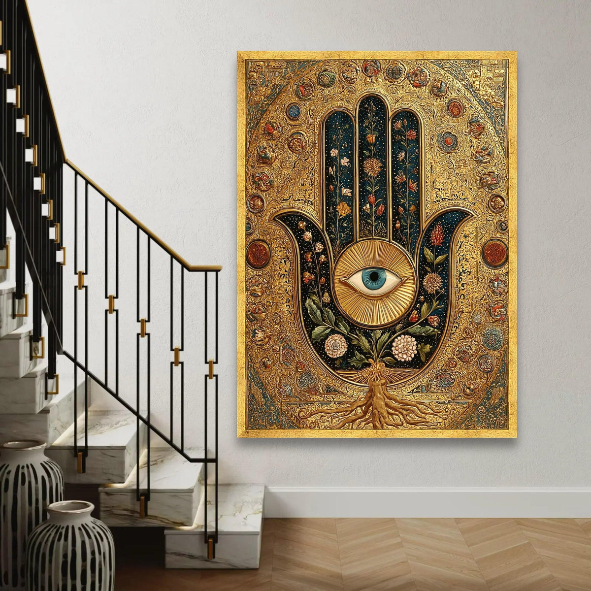 Intricate Hamsa Hand Canvas, Blue Eye Wall Art, Floral Botanical Design, Gold Decorative Canvas, Spiritual Home Ready To Hang Decoration