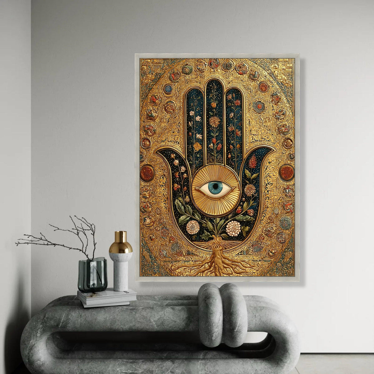 Intricate Hamsa Hand Canvas, Blue Eye Wall Art, Floral Botanical Design, Gold Decorative Canvas, Spiritual Home Ready To Hang Decoration