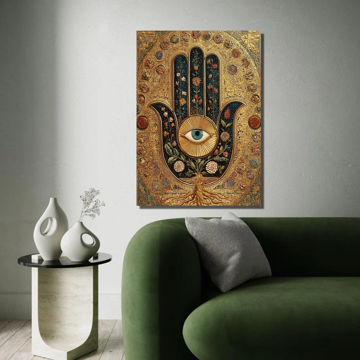 Intricate Hamsa Hand Canvas, Blue Eye Wall Art, Floral Botanical Design, Gold Decorative Canvas, Spiritual Home Ready To Hang Decoration
