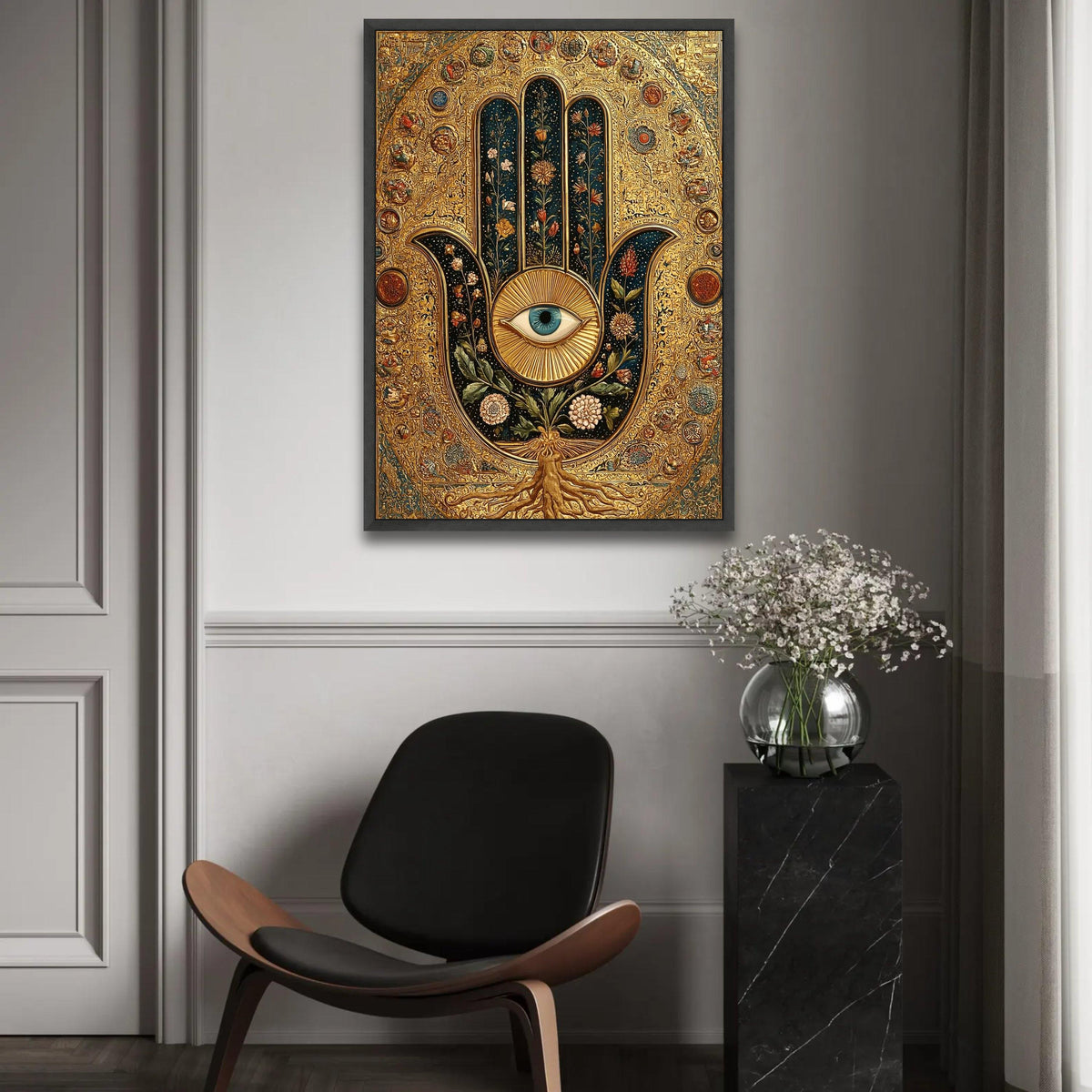 Intricate Hamsa Hand Canvas, Blue Eye Wall Art, Floral Botanical Design, Gold Decorative Canvas, Spiritual Home Ready To Hang Decoration