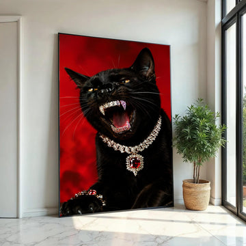 Fierce Black Cat Canvas, Jewelry Adorned Panther Art, Luxury Animal Wall Decor, Bold Red Background Canvas, Ready To Hang Decoration