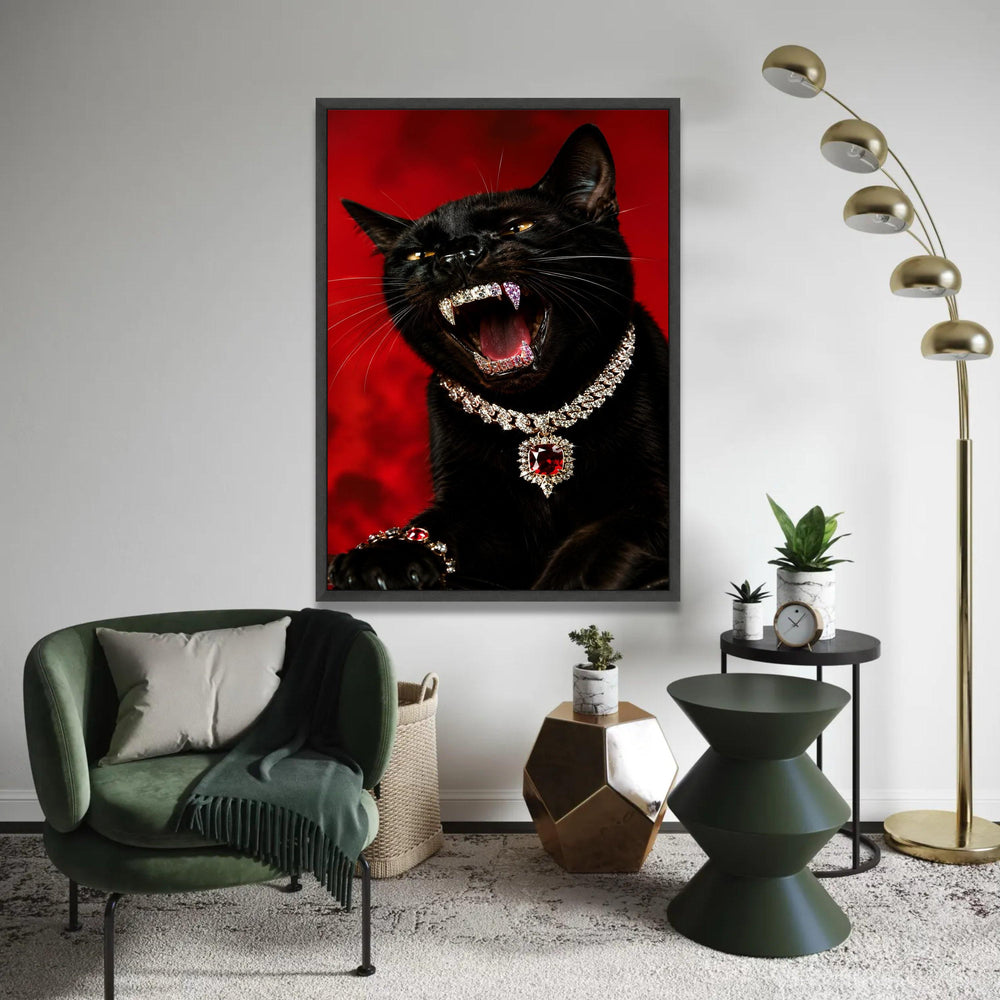 Fierce Black Cat Canvas, Jewelry Adorned Panther Art, Luxury Animal Wall Decor, Bold Red Background Canvas, Ready To Hang Decoration
