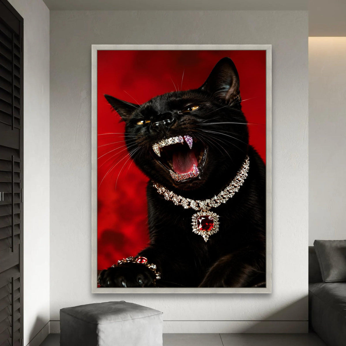 Fierce Black Cat Canvas, Jewelry Adorned Panther Art, Luxury Animal Wall Decor, Bold Red Background Canvas, Ready To Hang Decoration