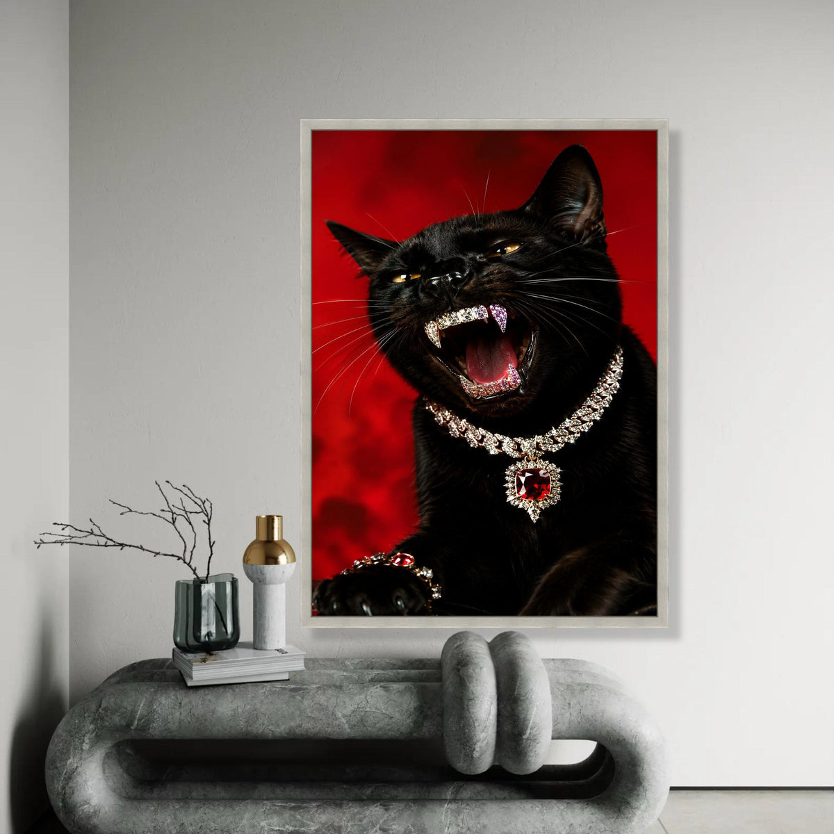 Fierce Black Cat Canvas, Jewelry Adorned Panther Art, Luxury Animal Wall Decor, Bold Red Background Canvas, Ready To Hang Decoration