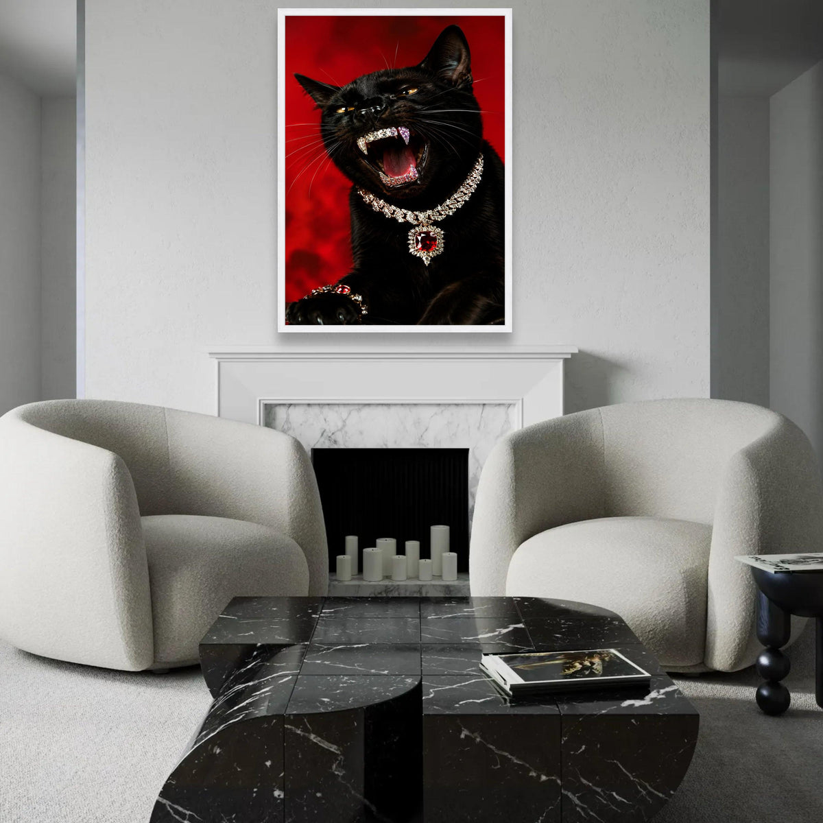 Fierce Black Cat Canvas, Jewelry Adorned Panther Art, Luxury Animal Wall Decor, Bold Red Background Canvas, Ready To Hang Decoration