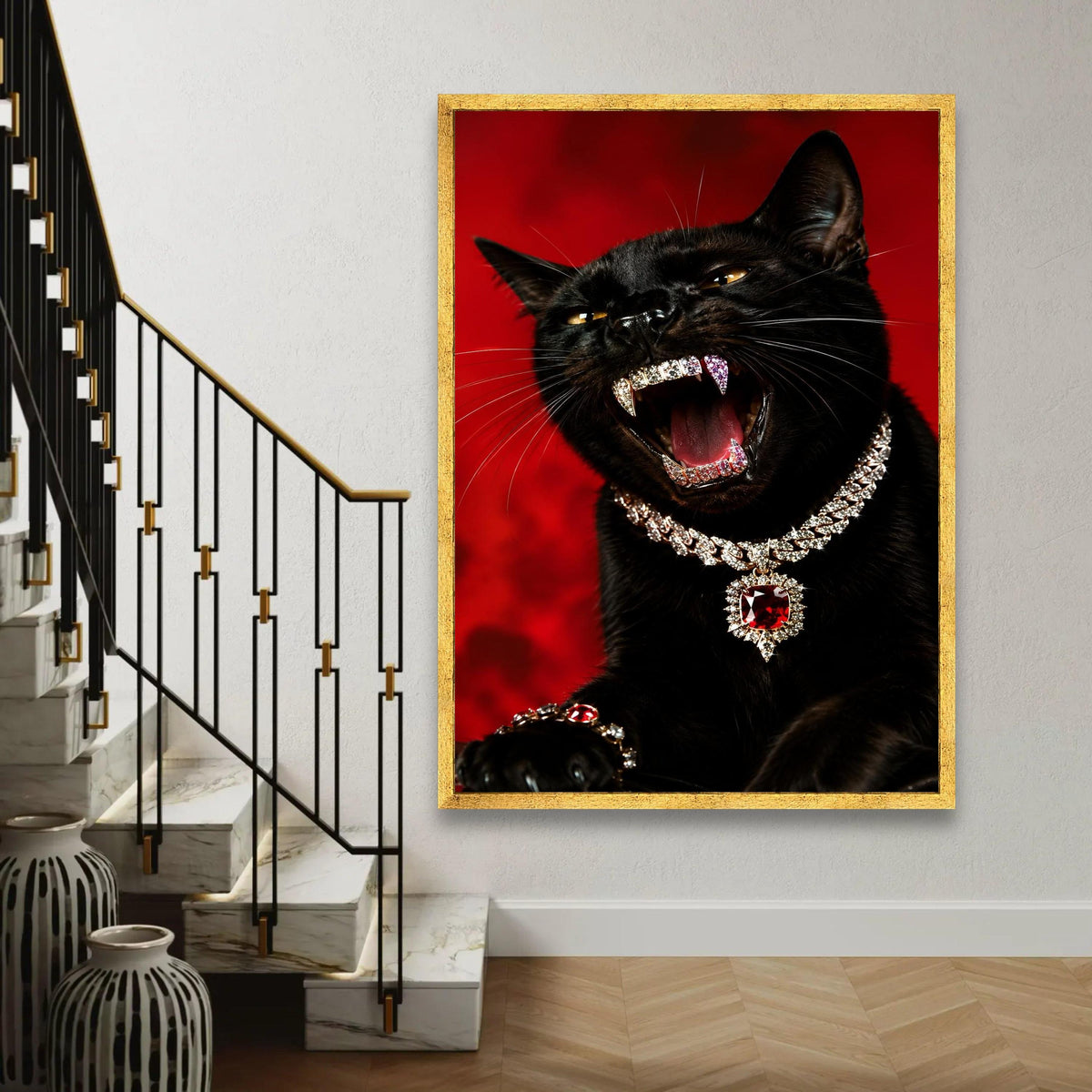 Fierce Black Cat Canvas, Jewelry Adorned Panther Art, Luxury Animal Wall Decor, Bold Red Background Canvas, Ready To Hang Decoration