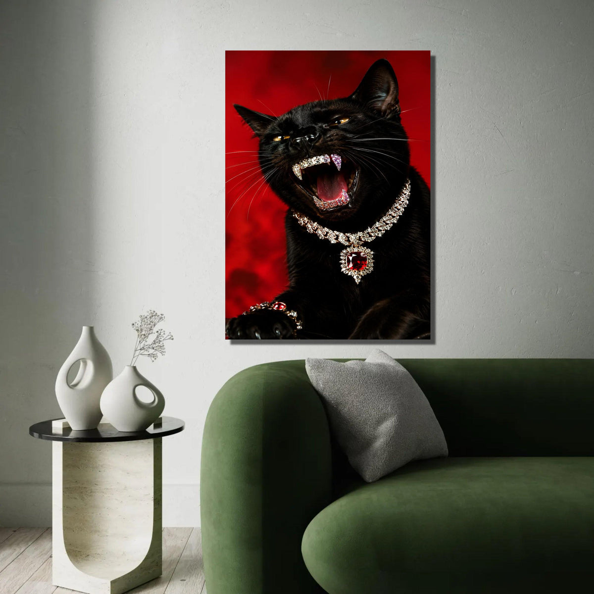 Fierce Black Cat Canvas, Jewelry Adorned Panther Art, Luxury Animal Wall Decor, Bold Red Background Canvas, Ready To Hang Decoration