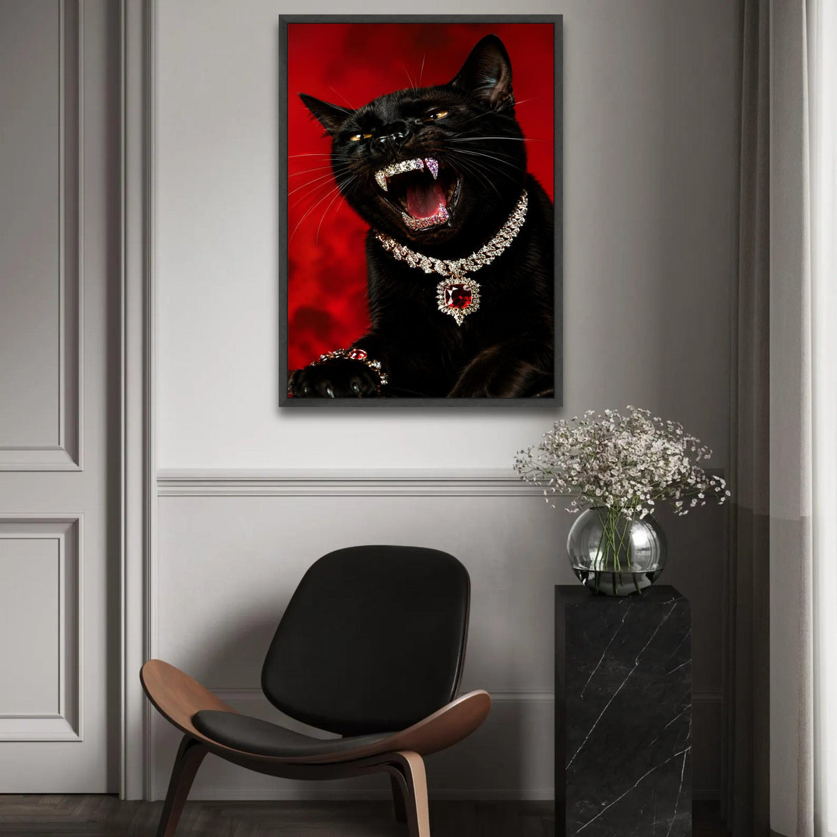 Fierce Black Cat Canvas, Jewelry Adorned Panther Art, Luxury Animal Wall Decor, Bold Red Background Canvas, Ready To Hang Decoration