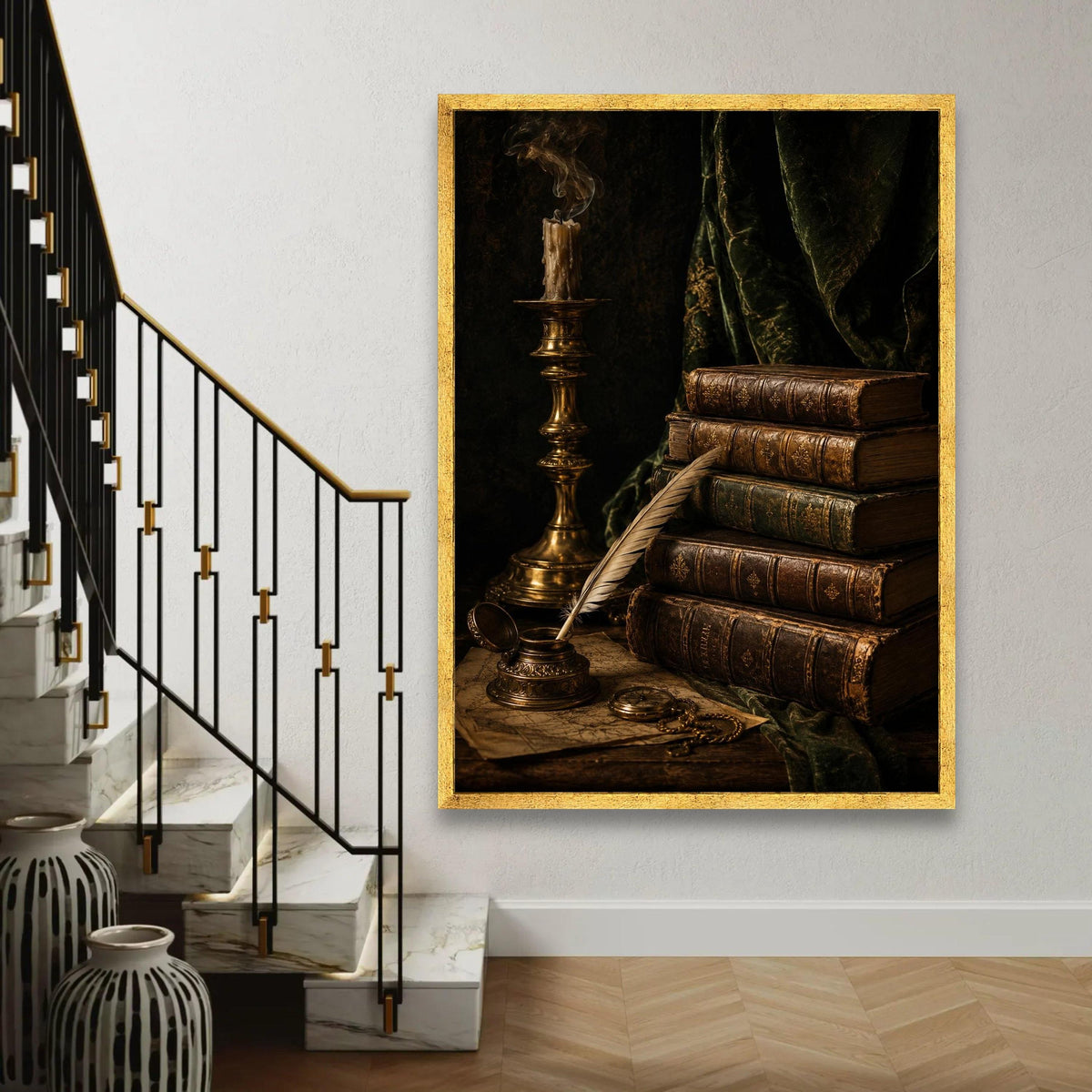 Vintage Antique Books Stack Canvas, Old Quill and Inkpot Artwork, Classic Literature Still Life, Rustic Home Ready To Hang Decoration