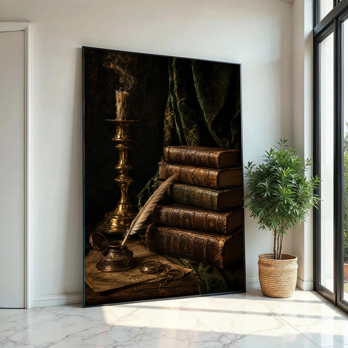 Vintage Antique Books Stack Canvas, Old Quill and Inkpot Artwork, Classic Literature Still Life, Rustic Home Ready To Hang Decoration